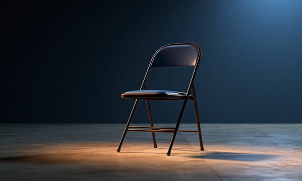 A single empty folding chair illuminated in dark room for concept design