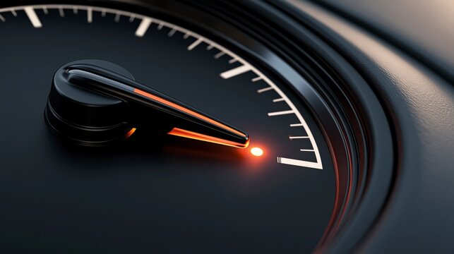 Close-up shot of a modern car dashboard gauge with a glowing red indicator