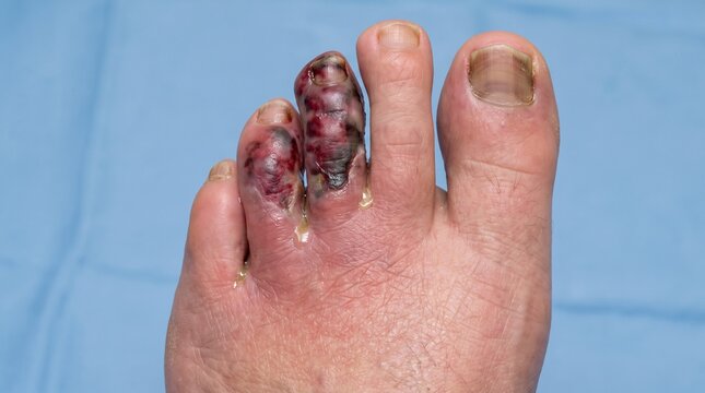 Wet Gangrene and Necrotic Foot Tissue &mdash; Clean Surgical Medical Background with Copy Space