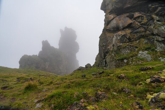 The Londrangar are a pair of rock pinnacles in Iceland. They are volcanic plugs of basalt, that have been hewn out from softer surrounding rock by erosion.