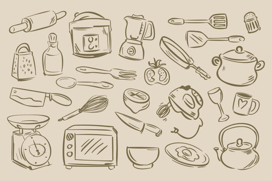 Hand drawn kitchen utensils, appliances, and cooking tools doodle vector set. Cozy culinary sketch element isolated background.