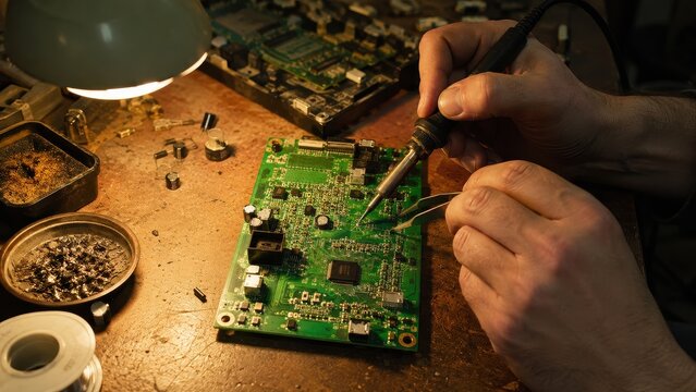 Hands soldering a circuit board at an electronics repair bench