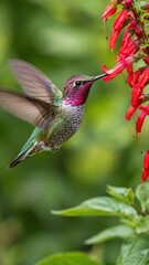 Fototapeta premium Hummingbird hovering beside a red tubular flower macro