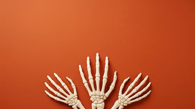 Human skeleton hands model against bright orange background