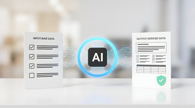AI processing data from input to verified output with security check