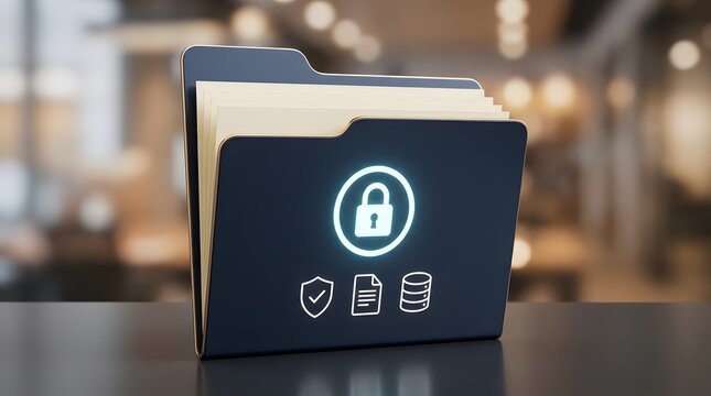 Digital folder with glowing lock icon and security symbols