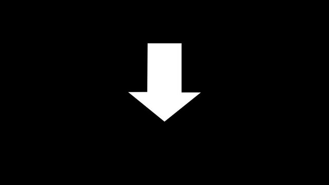 Minimalist white arrow pointing downward on a solid black background, contrast for digital user interface navigation, web instructional signage, and motion