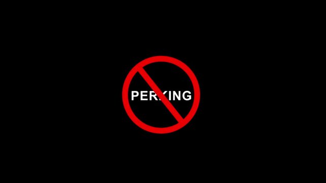 No parking signage with bold red circular prohibition symbol and clear white typography isolated on a solid black background, for traffic regulation, urban infrastructure, and, road safety projects