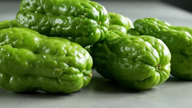 Pile of Vibrant Green Chayote Squash with Ribbed Surfaces
