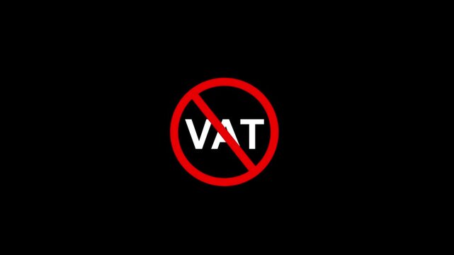 No vat tax symbol animation featuring a red prohibited sign over white text on a solid black background, for financial accounting, economic policy, and, corporate business tax, reporting media