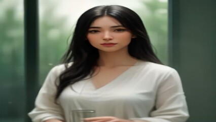Obraz premium Portrait of an elegant young Asian woman in white top holding a glass indoors near window