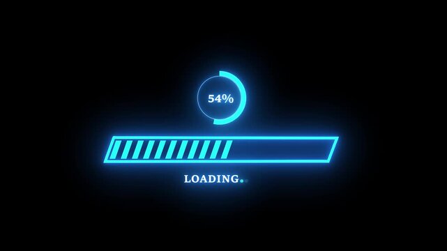 Neon blue digital loading bar progress indicator with circular percentage counter animation for modern user interface software installation, data transfer, and high-tech web application