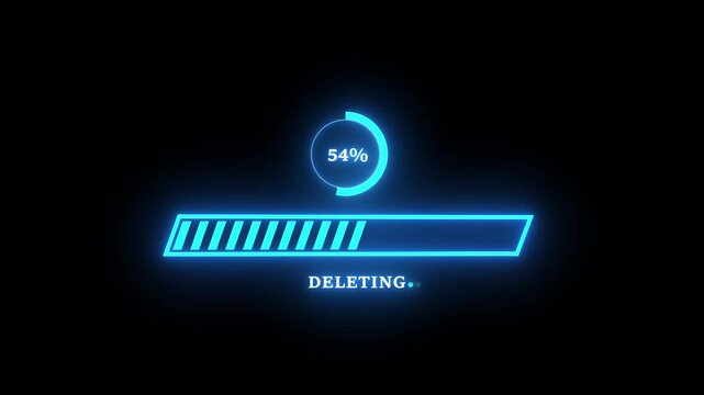 Neon blue digital deleting progress bar animation with circular percentage counter on a deep black background, high-tech data removal interface for software development, cyber security, and system
