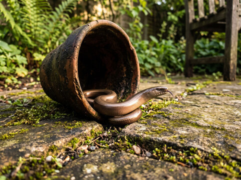 Slow worm emerging from an overturned terracotta pot on a mossy garden patio. Legless lizard exploring a suburban backyard. Human and wildlife coexistence concept