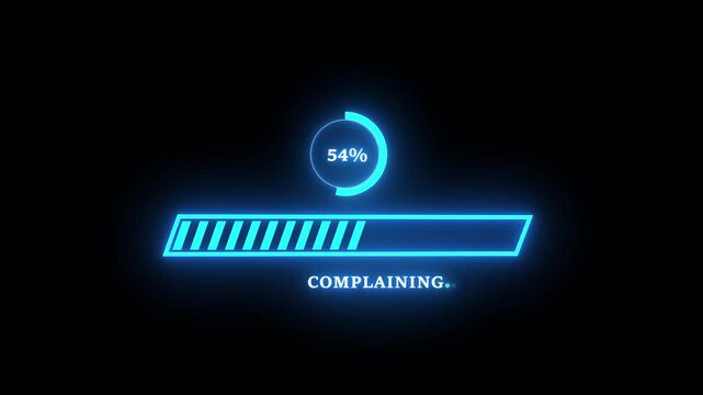 Neon blue digital loading bar animation with humorous complaining text overlay, futuristic progress indicator for software interface, high-tech ui for web development and modern user experience