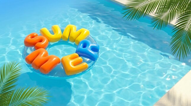 A 3D rendered inflatable swim ring shaped like the word "SUMMER" floating in a refreshing blue swimming pool with palm leaves in the corners for a summer concept swim float with word SUMMER floating