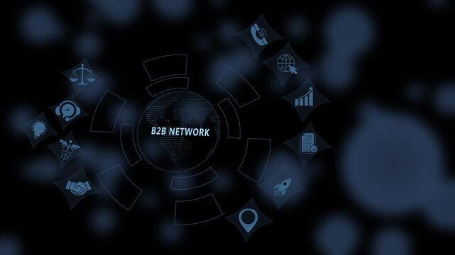 Digital b2 b network connection concept featuring animated global business and corporate communication symbols on a dark blue abstract background, for enterprise marketing presentations