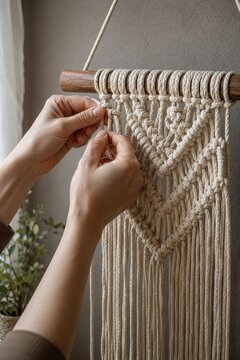 Macrame wall hanging being knotted on wooden dowel