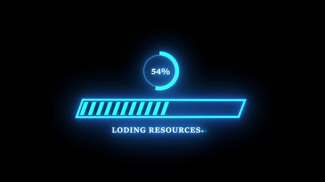 Futuristic neon blue loading bar animation with circular percentage counter and glowing digital progress indicator for high-tech software interfaces, data processing, and modern web application ui