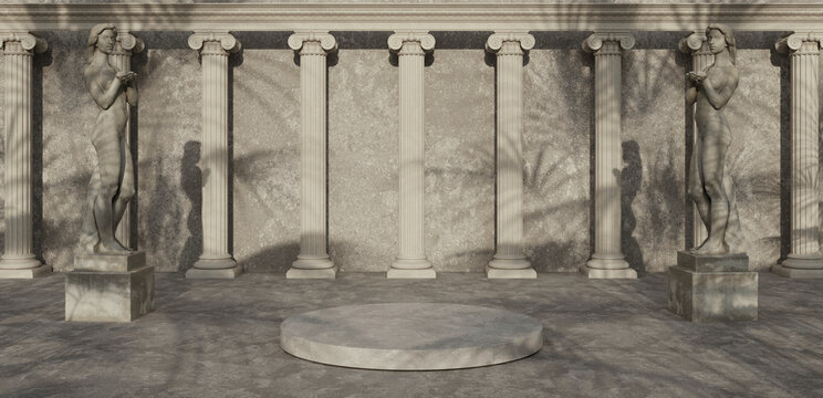 illustration of interior with ancient statues and columns. Background for product presentation, muse shadow inspiration, 3d rendering for product presentation.