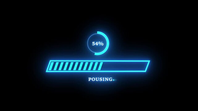 Neon blue digital loading bar animation with percentage counter and pulsing progress indicator for modern user interface software installation, data transfer, and high-tech web applications