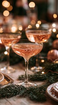 Stylish coupe glasses with rose wine on a festive table with evergreen branches and Christmas lights Generative AI