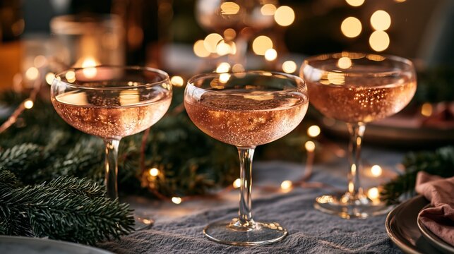 Stylish coupe glasses with sparkling rose wine on a festive holiday table with evergreen branches and warm lights Generative AI