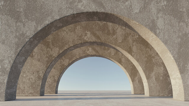 abstract architecture made of concrete walls, cement textured floor and white columns casting shadows, 3d rendering with copy space