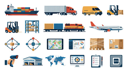 Fototapeta premium Logistics and Supply Chain Icons: Flat Vector Graphics for Delivery and Transport