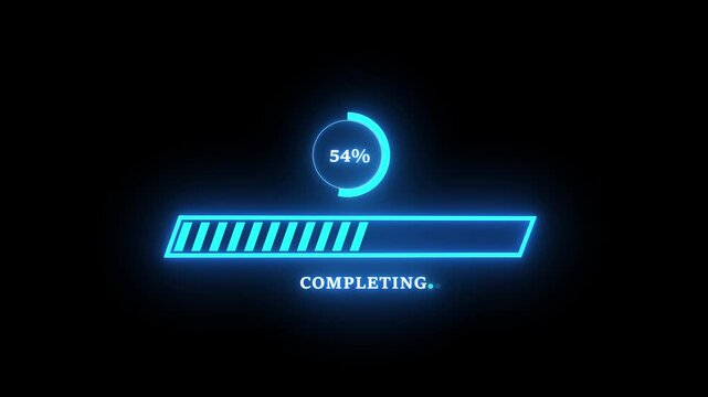 Futuristic neon blue digital loading bar animation with circular percentage counter and pulsing completing text overlay for high-tech software interface, data processing, and web development projects