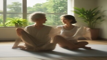 Fototapeta premium Couple practicing yoga together in a bright sunlit room with indoor plants