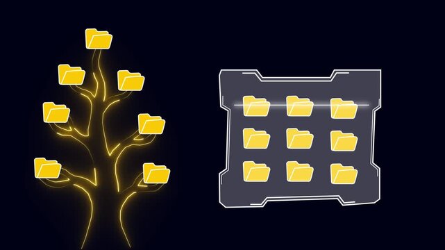 Abstract digital data tree with folder icons and high tech storage interface animation representing cloud computing file organization database management and network storage.