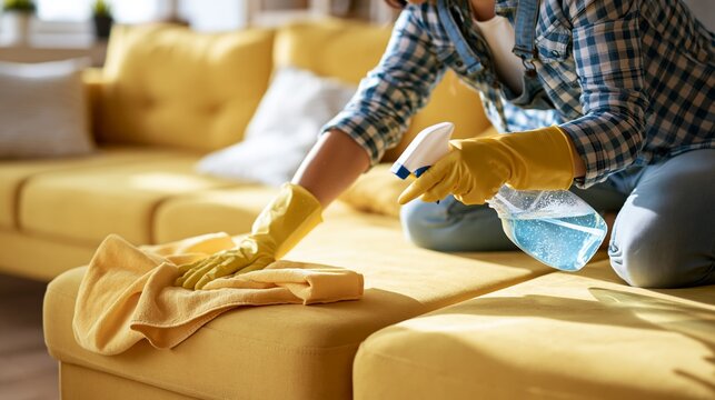 Woman cleans living room sofa with spray bottle and cloth while sitting at home during daytime Generative AI