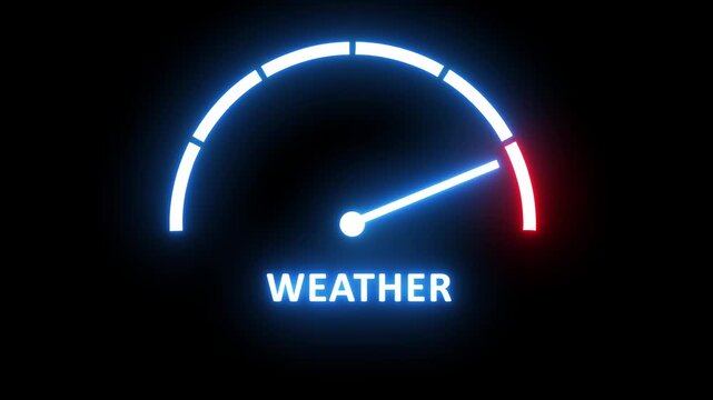 Dynamic neon weather gauge interface animation featuring a glowing blue indicator needle moving across a digital scale to represent atmospheric changes and meteorological data visualization for