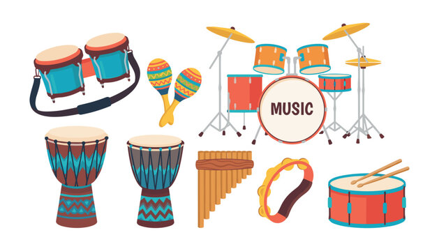Percussion musical instruments vector set featuring drum kit congas djembe maracas tambourine and pan flute isolated on white background