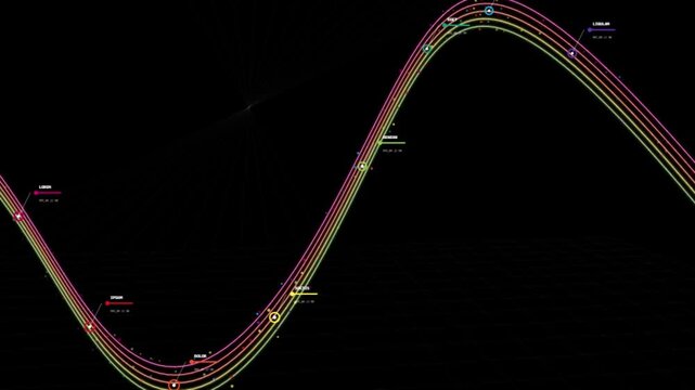 Complex racing track trajectory analysis with multiple vehicle paths and speed data overlay