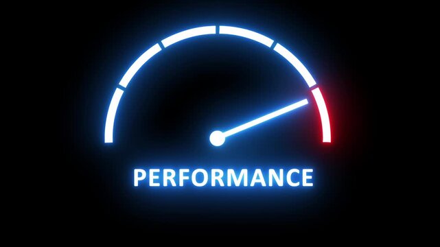 Dynamic neon performance gauge animation featuring a glowing blue speedometer needle rising to maximum capacity for business growth, efficiency metrics, high-speed data processing, and success
