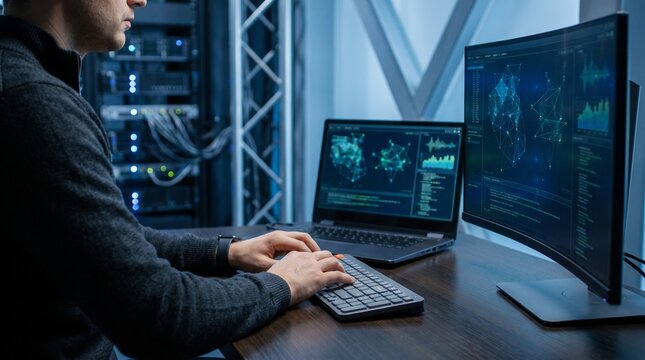 IT specialist and system administrator side view, typing on keyboard in front of dual monitors with network graphs, analyzing data and coding scripts, in a dark server room, tech photography