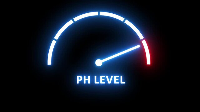 Dynamic neon ph level indicator gauge animation featuring glowing blue and red digital meter interface for scientific research, chemical analysis, environmental monitoring, and laboratory data