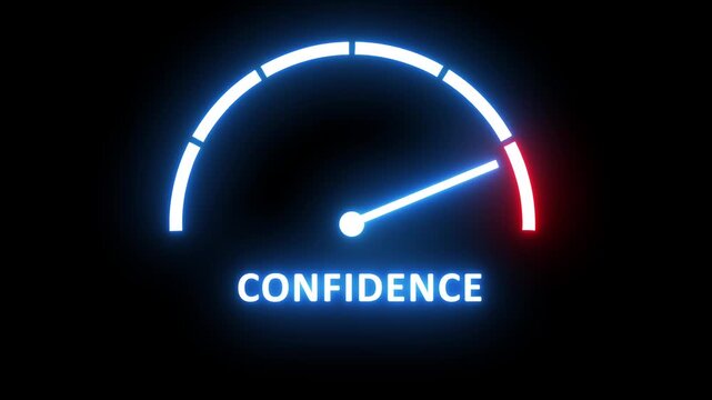 Dynamic neon gauge meter visualizing rising confidence levels with glowing blue and red indicator needle motion for business performance analytics, success metrics, and motivational corporate