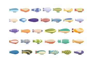 Collection of various airships and zeppelins in different colors and shapes isolated on a white background, for aviation projects © Shaidul