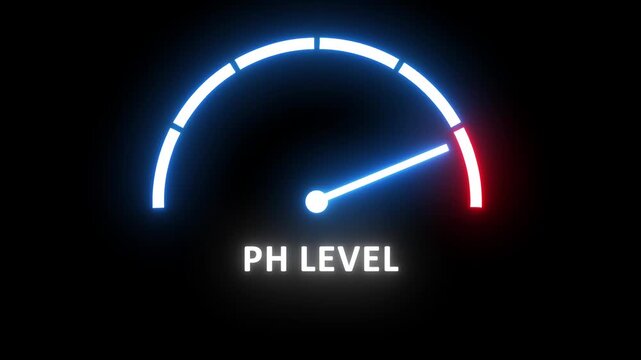 Dynamic neon ph level gauge meter animation featuring glowing blue indicator needle moving across a digital scale for scientific laboratory testing, chemical analysis, and industrial water monitoring