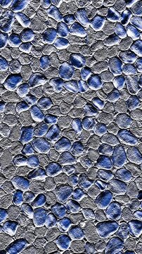 4K+ zoom in macro video of a blue washed terrazzo pebble dash wall. Dense irregular stones feature high-contrast natural silver highlights, deep shadows, and a gritty three-dimensional texture.