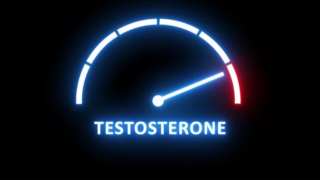 Dynamic neon testosterone level gauge indicator rising to maximum capacity on a dark background, representing hormonal balance, male health, vitality, performance, and biological optimization concepts
