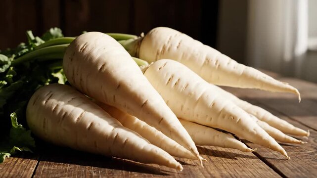 Fresh Parsnips Arranged on Wooden Surface