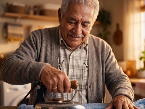 Senior Hispanic Grandfather Ironing with Gentle Care at Sunset