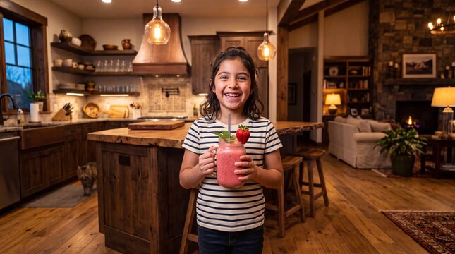 Cheerful Hispanic Girl with Strawberry Smoothie in Cozy Home Setting