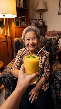 Southeast Asian Grandmother Receiving Fresh Mango Smoothie in Cozy Evening Setting