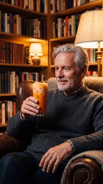 Active Scandinavian Senior Enjoying Thai Tea in Cozy Evening Interior