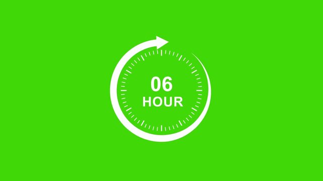 6 hour countdown timer motion with circular progress indicator on green screen background, for editing, time, management concepts, and dynamic broadcast production
